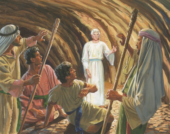 A painting by Jerry Thompson illustrating an angel standing and instructing Laman and Lemuel, who are holding staffs, while their two younger brothers are sitting below them.